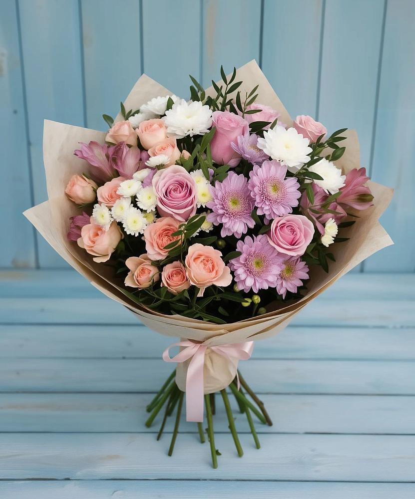 Букет цветов из: Хризантемы, Розы и Альстромерии в Карате
