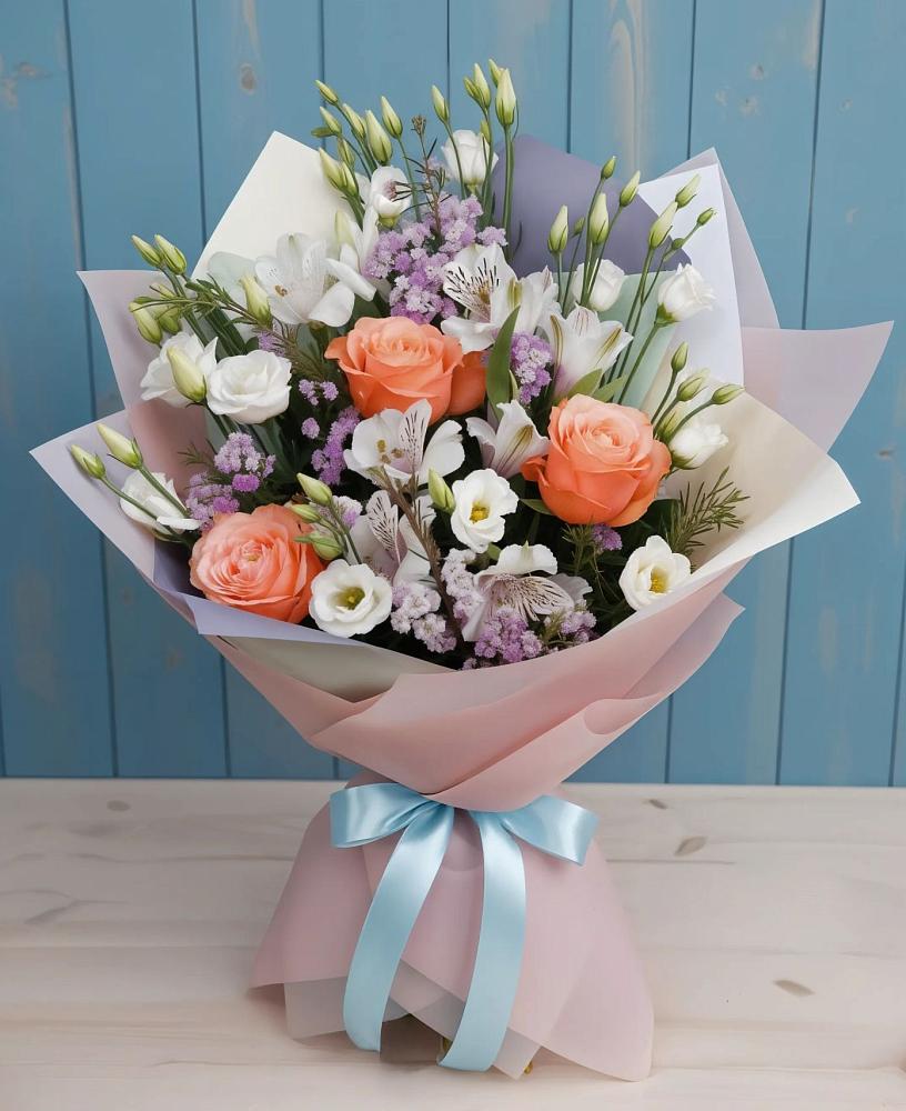 Букет цветов из: Лизиантусы, Розы, Альстромерии и Гипсофила в Карате
