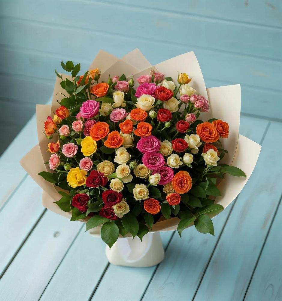 Букет Микс из разноцветных кустовых роз в Карате