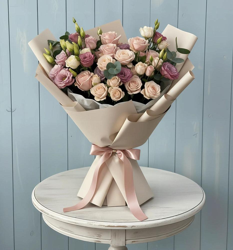 Букет цветов из: Розы и Лизиантусы в Карате