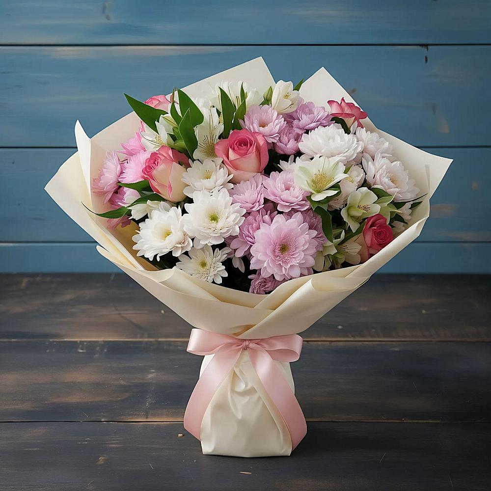 Букет цветов из: Хризантемы, Альстромерии и Розы в Карате